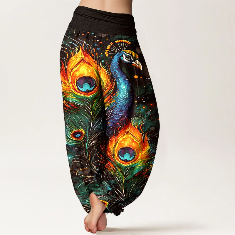 Buddha Stones Pantaloni harem da donna in cotone con motivo pavone e cielo stellato, con elastico in vita. - Image 10