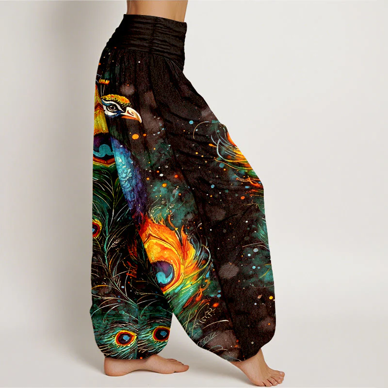 Buddha Stones Pantaloni harem da donna in cotone con motivo pavone e cielo stellato, con elastico in vita. - Image 11