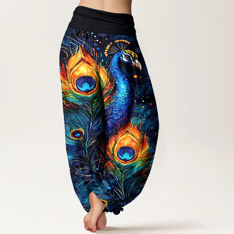 Buddha Stones Pantaloni harem da donna in cotone con motivo pavone e cielo stellato, con elastico in vita. - Image 2
