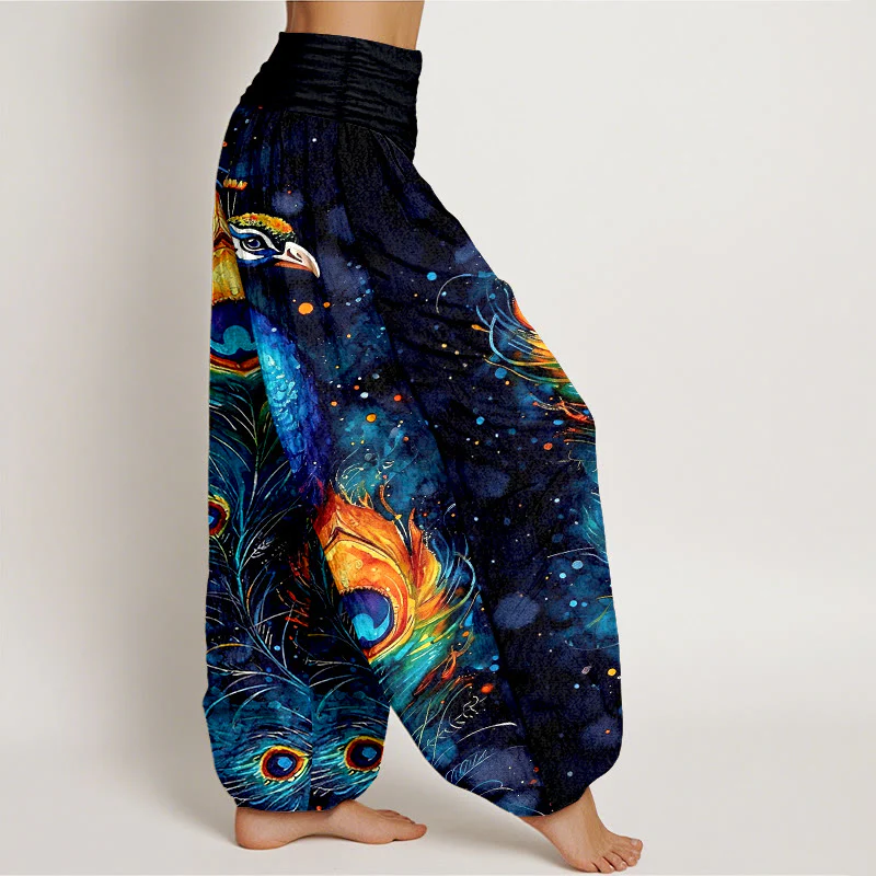 Buddha Stones Pantaloni harem da donna in cotone con motivo pavone e cielo stellato, con elastico in vita. - Image 3