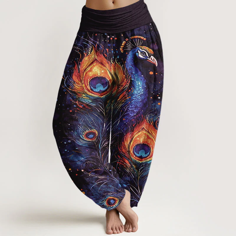 Buddha Stones Pantaloni harem da donna in cotone con motivo pavone e cielo stellato, con elastico in vita. - Image 6