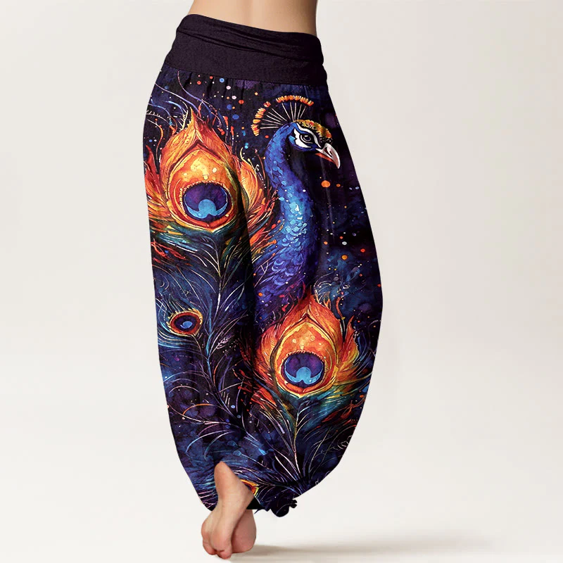 Buddha Stones Pantaloni harem da donna in cotone con motivo pavone e cielo stellato, con elastico in vita. - Image 7