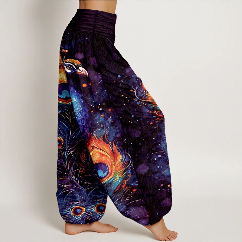 Buddha Stones Pantaloni harem da donna in cotone con motivo pavone e cielo stellato, con elastico in vita. - Image 8