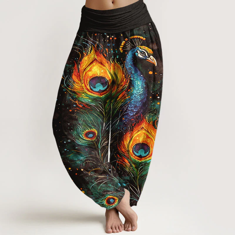 Buddha Stones Pantaloni harem da donna in cotone con motivo pavone e cielo stellato, con elastico in vita. - Image 9