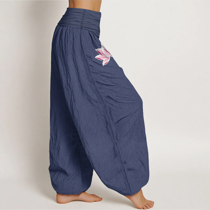 Buddha Stones Pantaloni harem da donna in cotone rosa con motivo loto OM e vita elasticizzata - Image 11