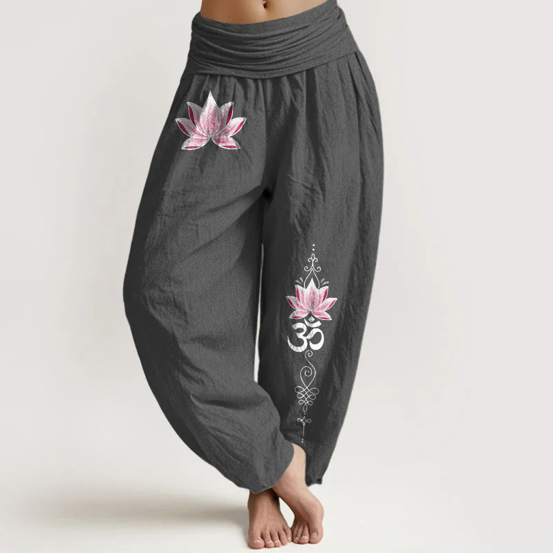 Buddha Stones Pantaloni harem da donna in cotone rosa con motivo loto OM e vita elasticizzata - Image 12