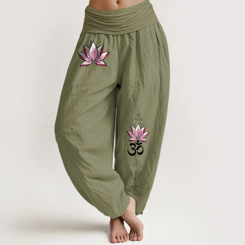 Buddha Stones Pantaloni harem da donna in cotone rosa con motivo loto OM e vita elasticizzata - Image 15