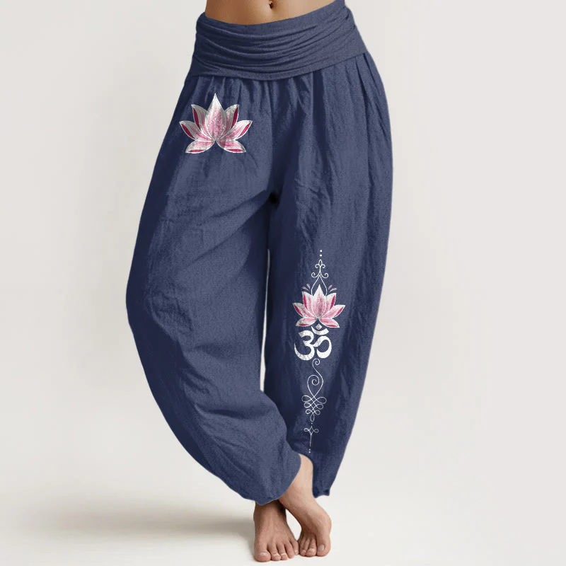 Buddha Stones Pantaloni harem da donna in cotone rosa con motivo loto OM e vita elasticizzata - Image 9