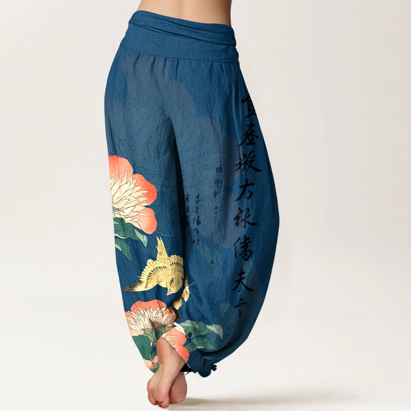 Buddha Stones Pantaloni harem da donna in puro cotone con calligrafia di uccelli e peonie - Image 2