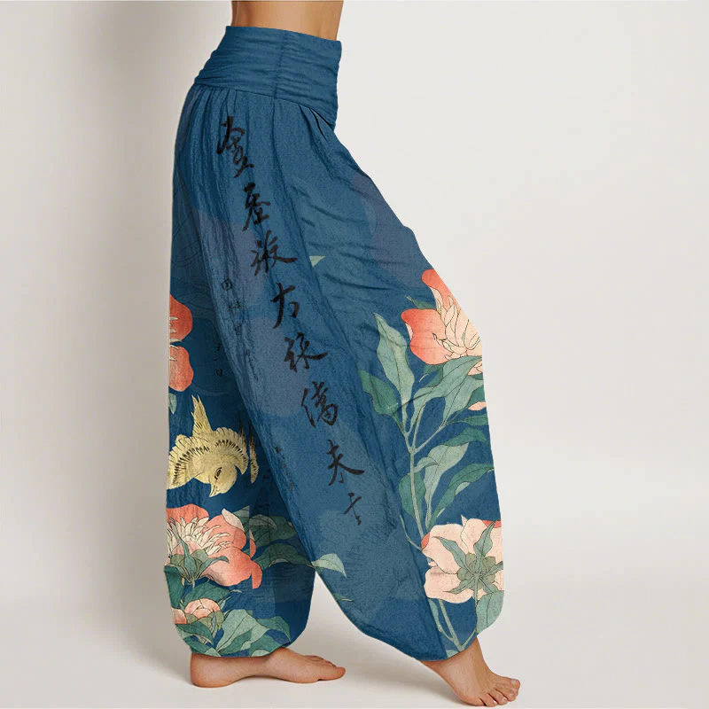 Buddha Stones Pantaloni harem da donna in puro cotone con calligrafia di uccelli e peonie - Image 3