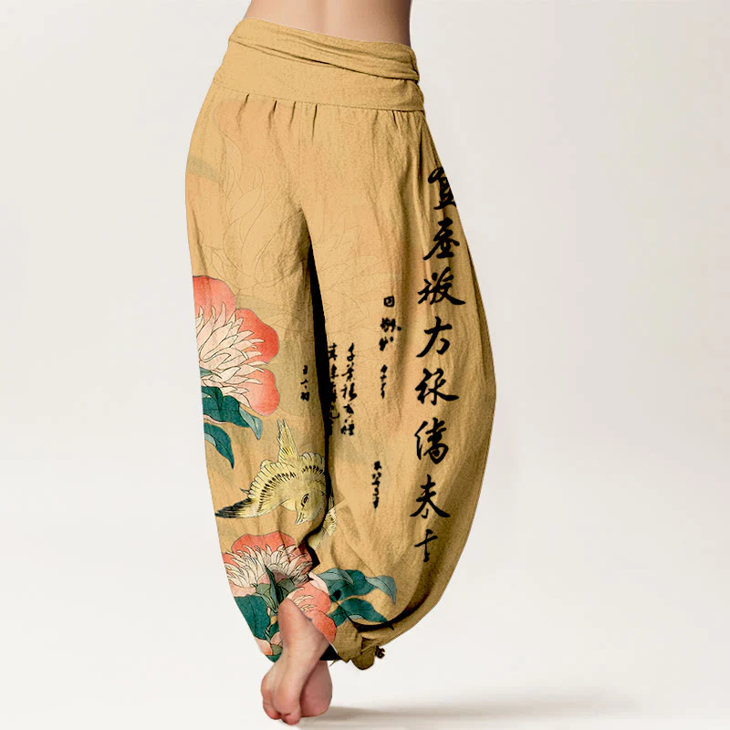 Buddha Stones Pantaloni harem da donna in puro cotone con calligrafia di uccelli e peonie - Image 7
