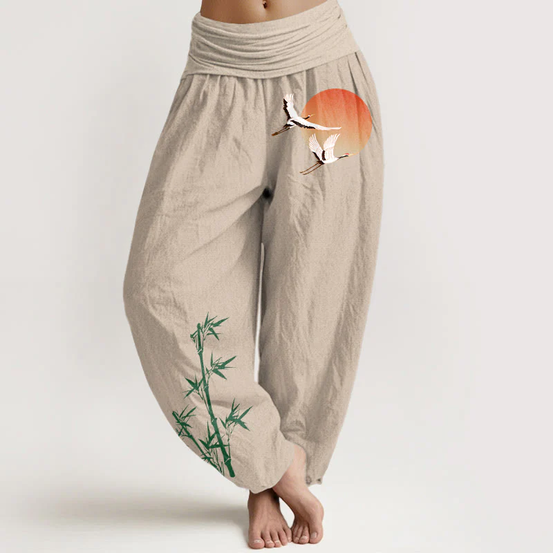 Buddha Stones Pantaloni harem da donna in puro cotone con elastico in vita e motivo a gru e bambù