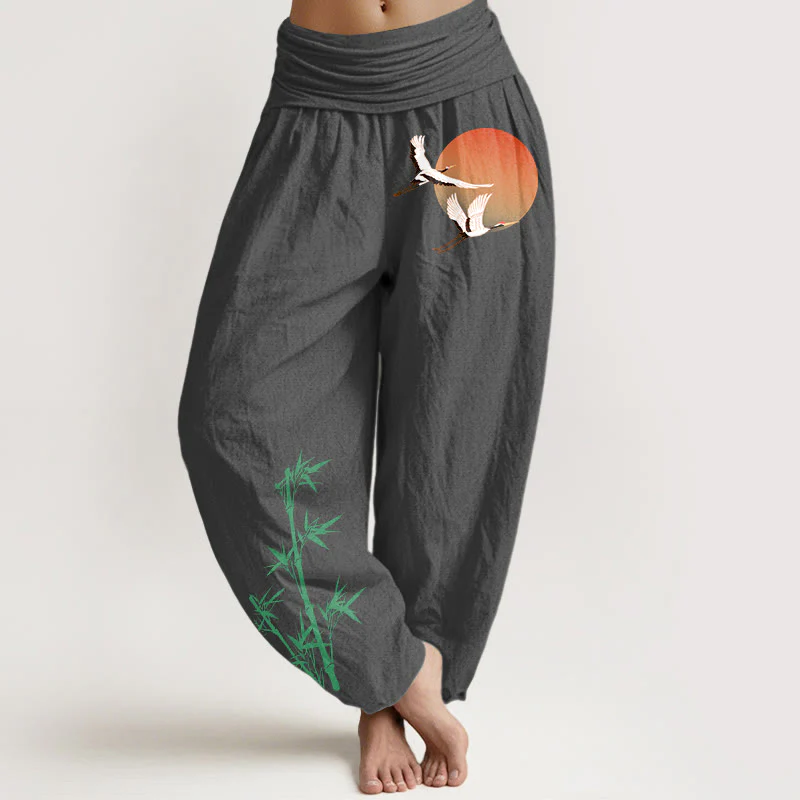 Buddha Stones Pantaloni harem da donna in puro cotone con elastico in vita e motivo a gru e bambù - Image 12