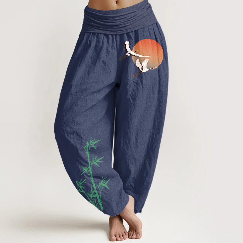 Buddha Stones Pantaloni harem da donna in puro cotone con elastico in vita e motivo a gru e bambù - Image 9