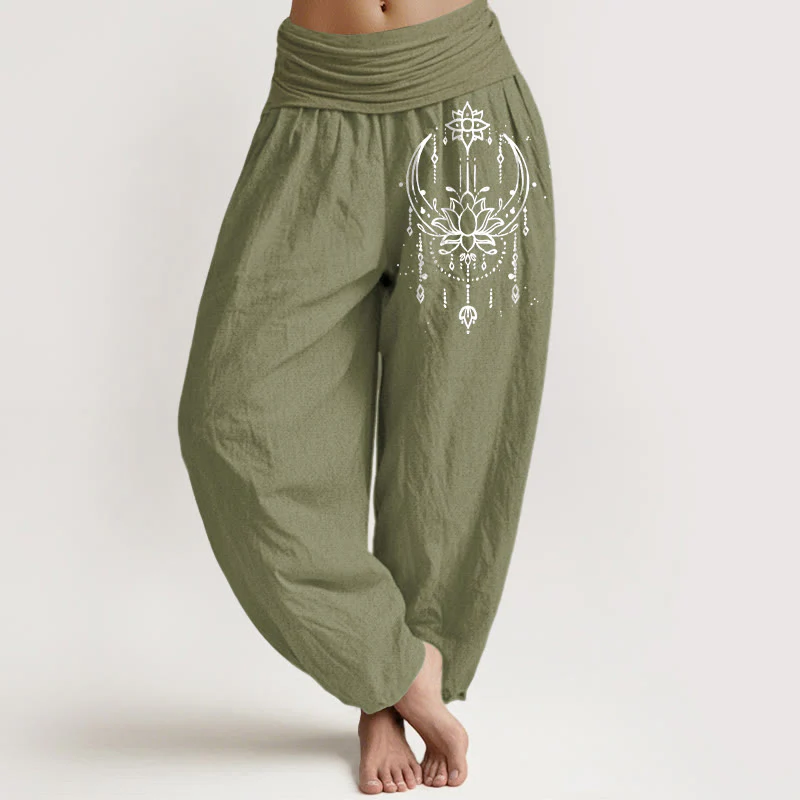 Buddha Stones Pantaloni harem da donna in puro cotone con elastico in vita e motivo a loto - Image 15