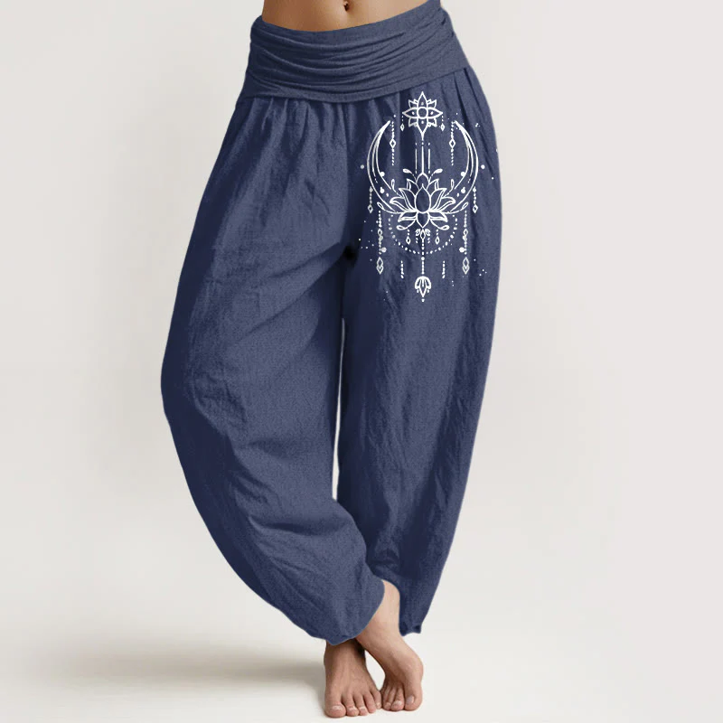 Buddha Stones Pantaloni harem da donna in puro cotone con elastico in vita e motivo a loto - Image 6
