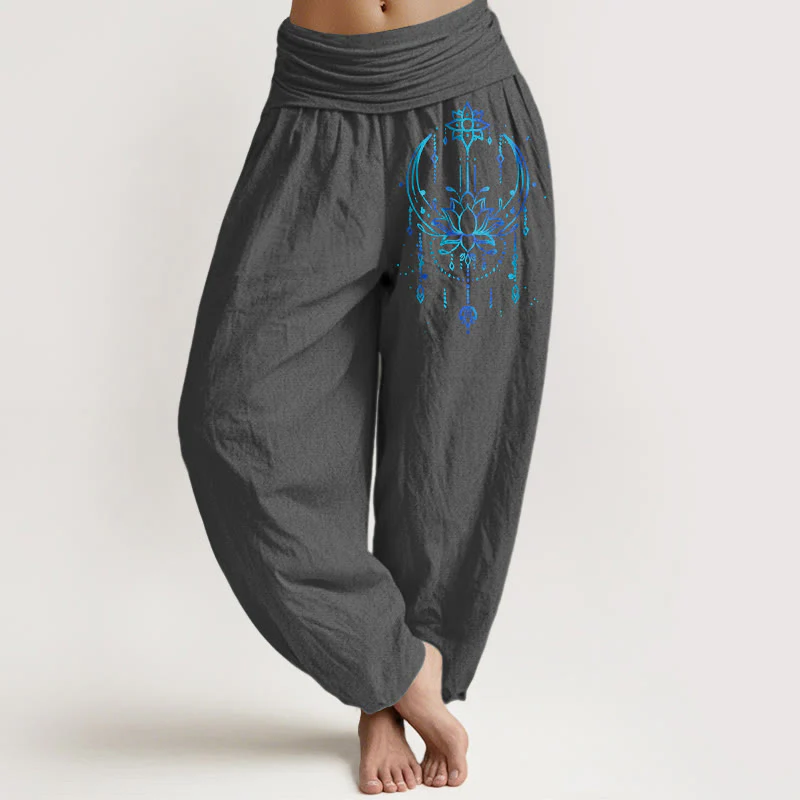 Buddha Stones Pantaloni harem da donna in puro cotone con elastico in vita e motivo a loto - Image 9