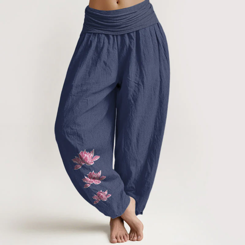 Buddha Stones Pantaloni harem da donna in puro cotone con elastico in vita e motivo a loto casual - Image 15
