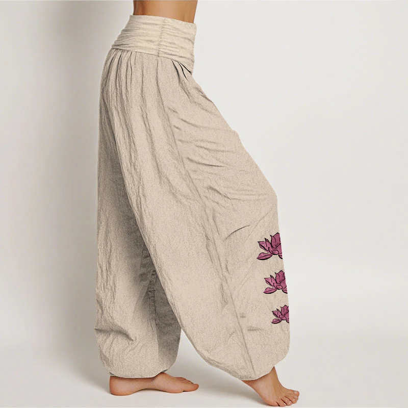 Buddha Stones Pantaloni harem da donna in puro cotone con elastico in vita e motivo a loto casual - Image 8
