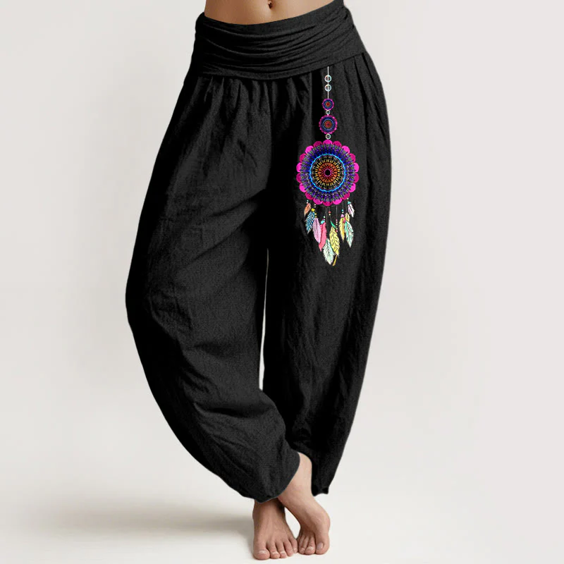 Buddha Stones Pantaloni harem da donna in puro cotone con elastico in vita e motivo acchiappasogni colorati