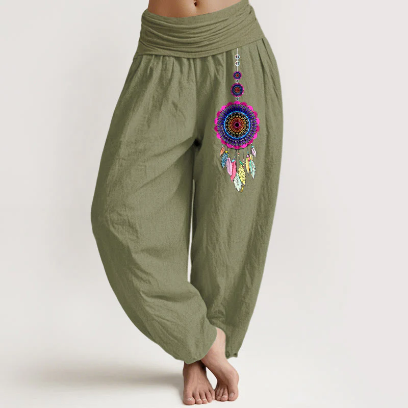 Buddha Stones Pantaloni harem da donna in puro cotone con elastico in vita e motivo acchiappasogni colorati - Image 15