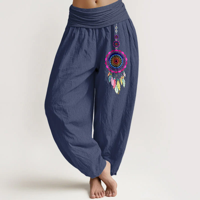 Buddha Stones Pantaloni harem da donna in puro cotone con elastico in vita e motivo acchiappasogni colorati - Image 6