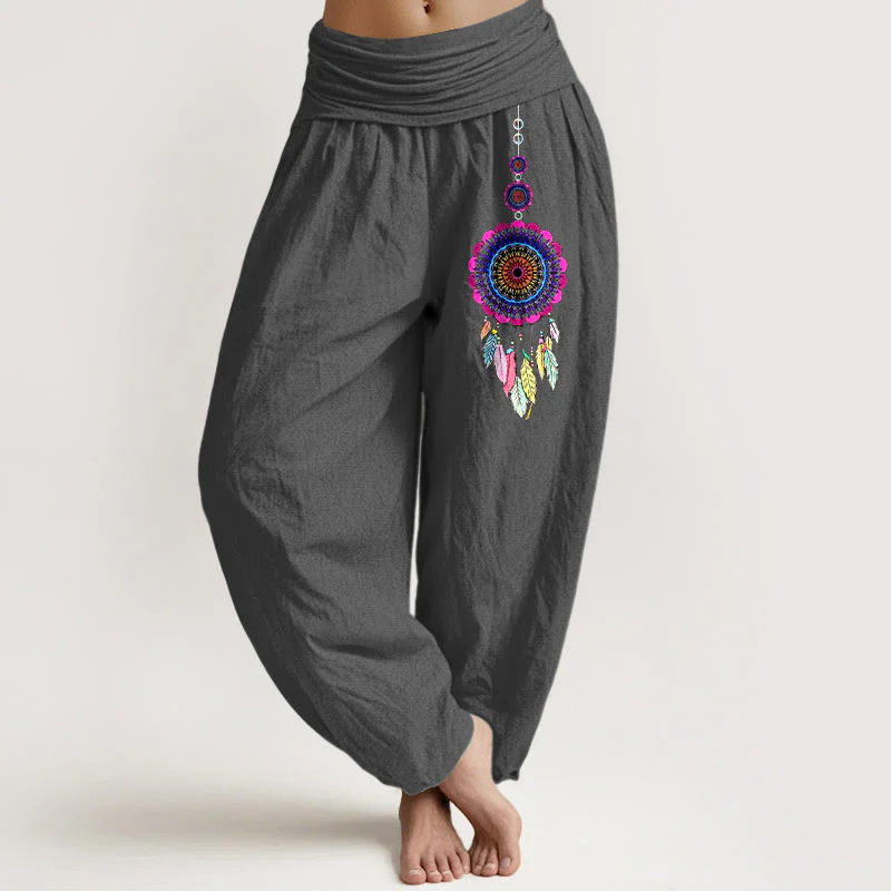 Buddha Stones Pantaloni harem da donna in puro cotone con elastico in vita e motivo acchiappasogni colorati - Image 9
