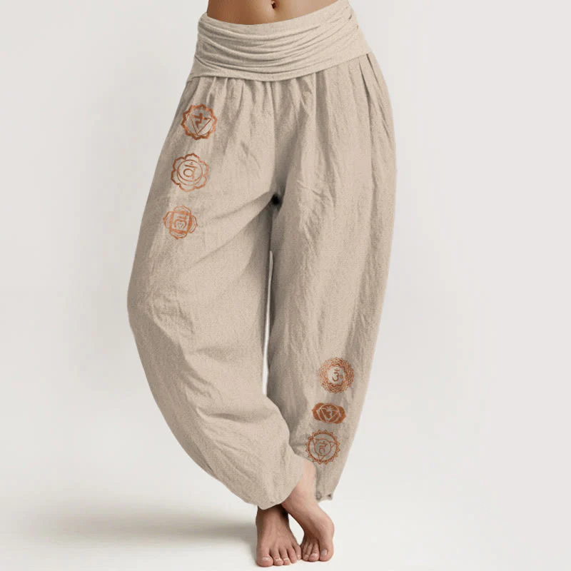 Buddha Stones Pantaloni harem da donna in puro cotone con elastico in vita e motivo con simbolo chakra casual - Image 12