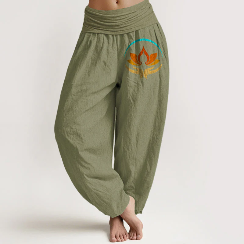 Buddha Stones Pantaloni harem da donna in puro cotone con elastico in vita e motivo con simbolo del Buddha e del loto - Image 15
