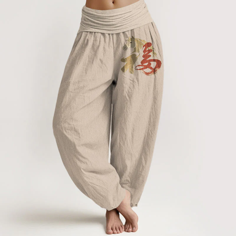 Buddha Stones Pantaloni harem da donna in puro cotone con elastico in vita e motivo del personaggio Fu dell'anno del cavallo - Image 12
