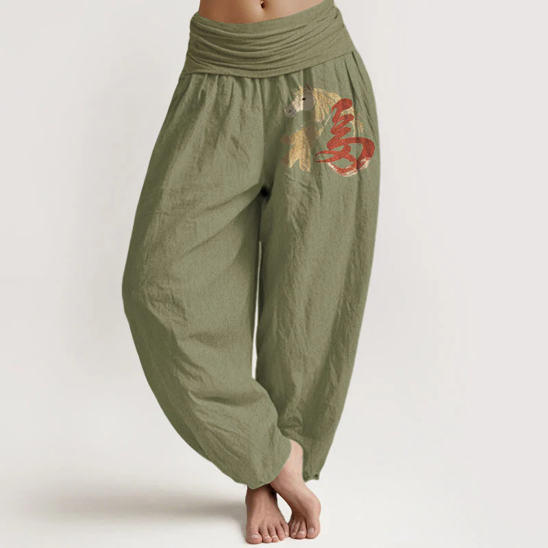 Buddha Stones Pantaloni harem da donna in puro cotone con elastico in vita e motivo del personaggio Fu dell'anno del cavallo - Image 15