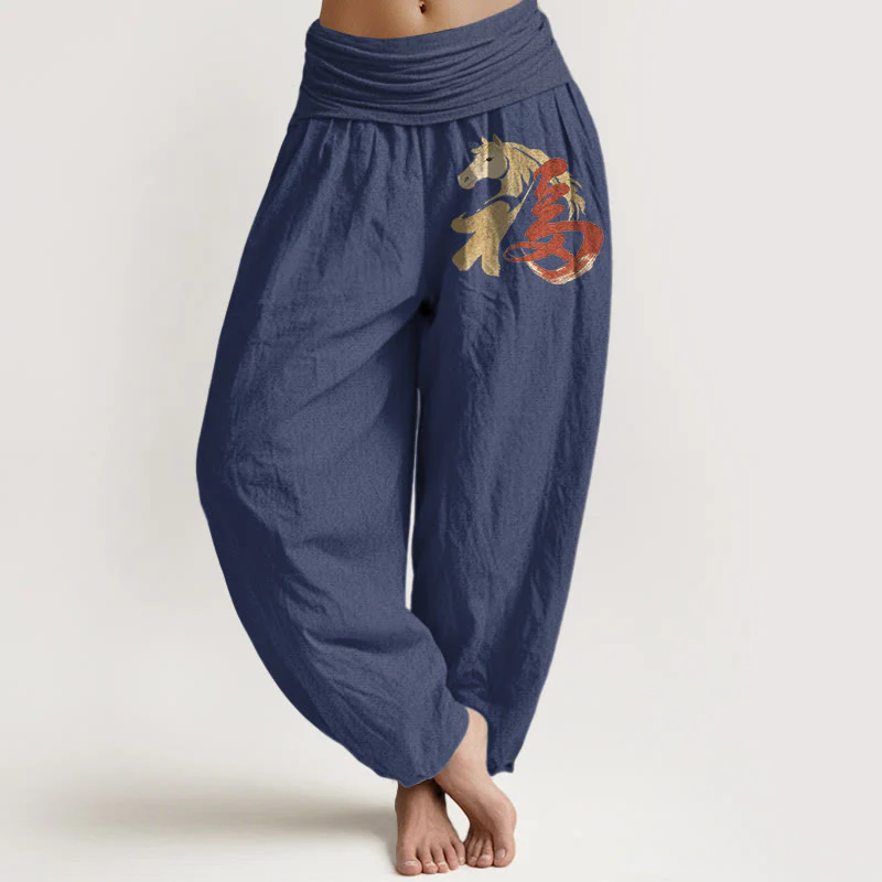 Buddha Stones Pantaloni harem da donna in puro cotone con elastico in vita e motivo del personaggio Fu dell'anno del cavallo - Image 6