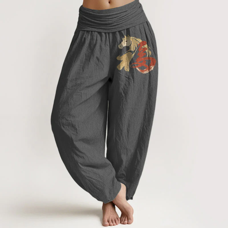 Buddha Stones Pantaloni harem da donna in puro cotone con elastico in vita e motivo del personaggio Fu dell'anno del cavallo - Image 9