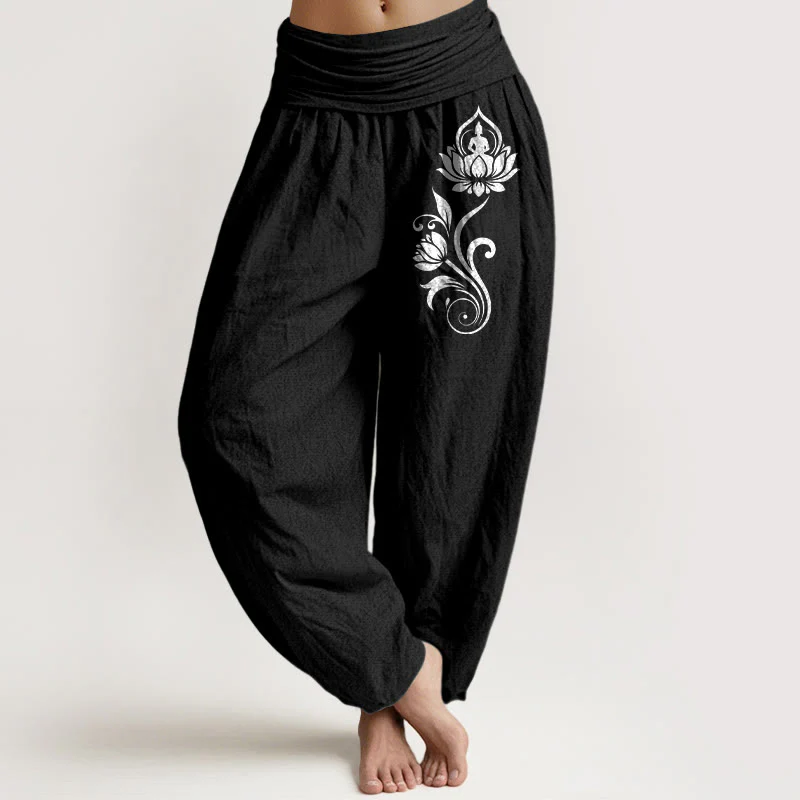 Buddha Stones Pantaloni harem da donna in puro cotone con elastico in vita e motivo floreale di Buddha seduto e loto - Image 6