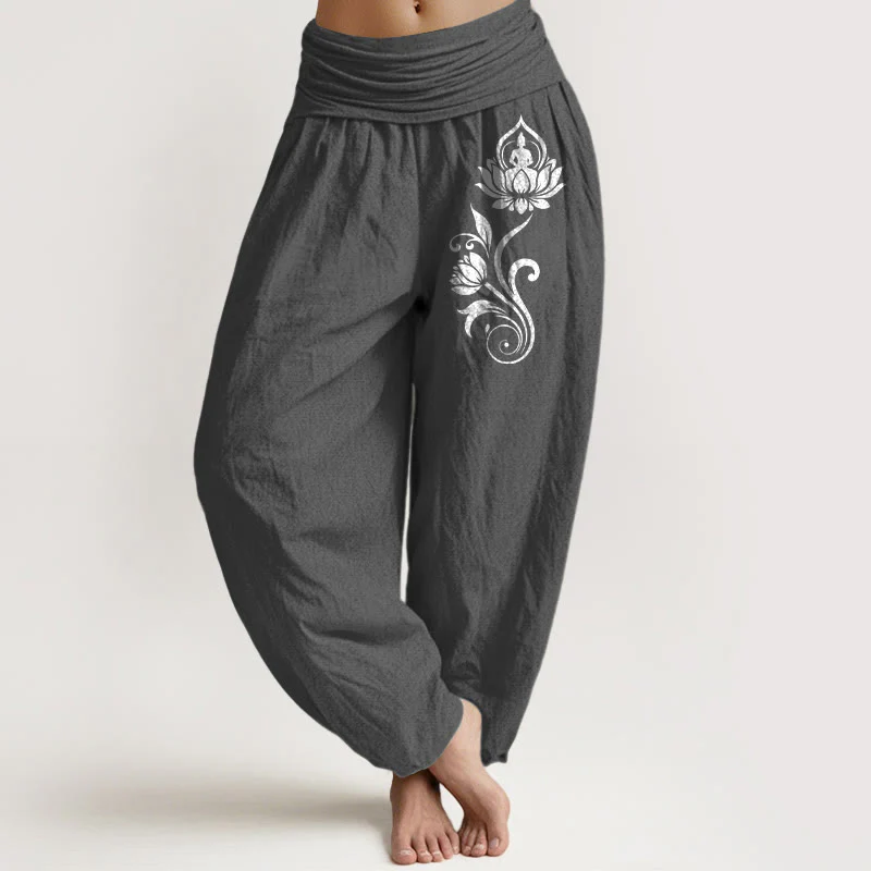 Buddha Stones Pantaloni harem da donna in puro cotone con elastico in vita e motivo floreale di Buddha seduto e loto - Image 9