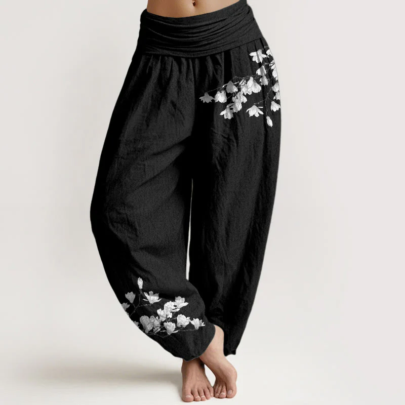 Buddha Stones Pantaloni harem da donna in puro cotone con elastico in vita e motivo floreale di magnolia, stile minimalista