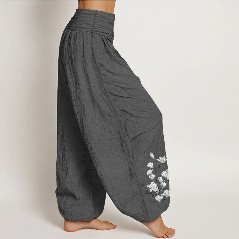 Buddha Stones Pantaloni harem da donna in puro cotone con elastico in vita e motivo floreale di magnolia, stile minimalista - Image 11