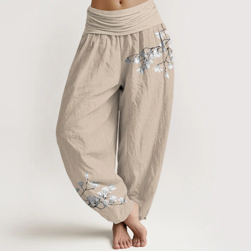 Buddha Stones Pantaloni harem da donna in puro cotone con elastico in vita e motivo floreale di magnolia, stile minimalista - Image 12