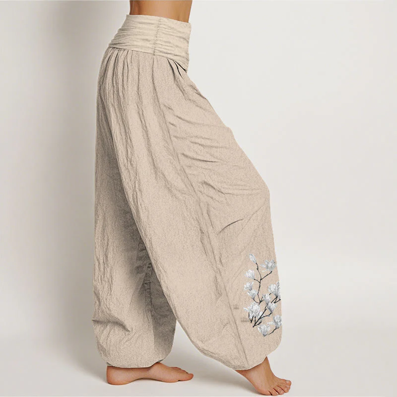 Buddha Stones Pantaloni harem da donna in puro cotone con elastico in vita e motivo floreale di magnolia, stile minimalista - Image 14