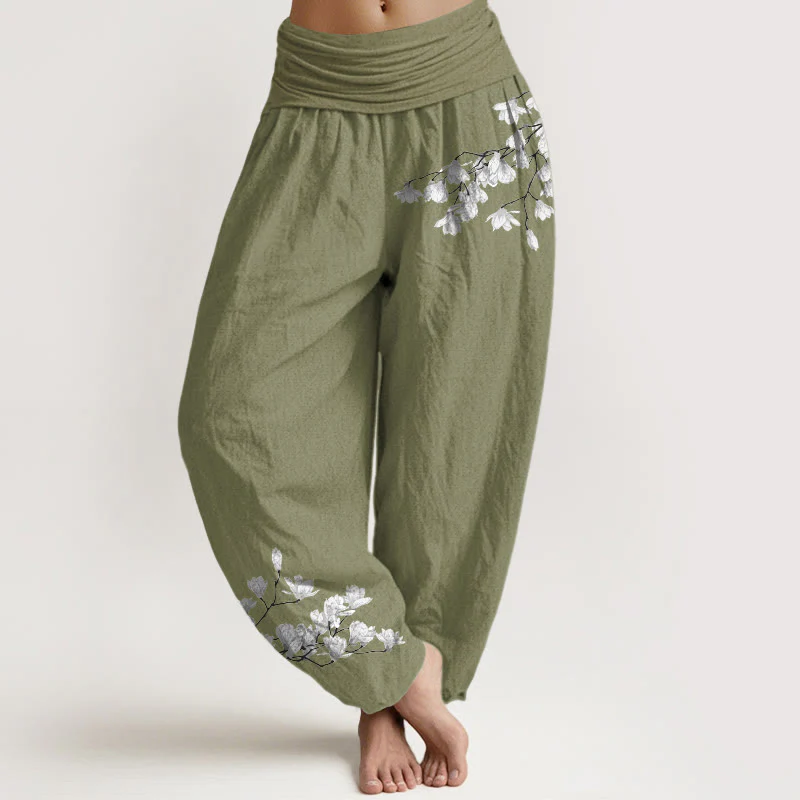 Buddha Stones Pantaloni harem da donna in puro cotone con elastico in vita e motivo floreale di magnolia, stile minimalista - Image 15