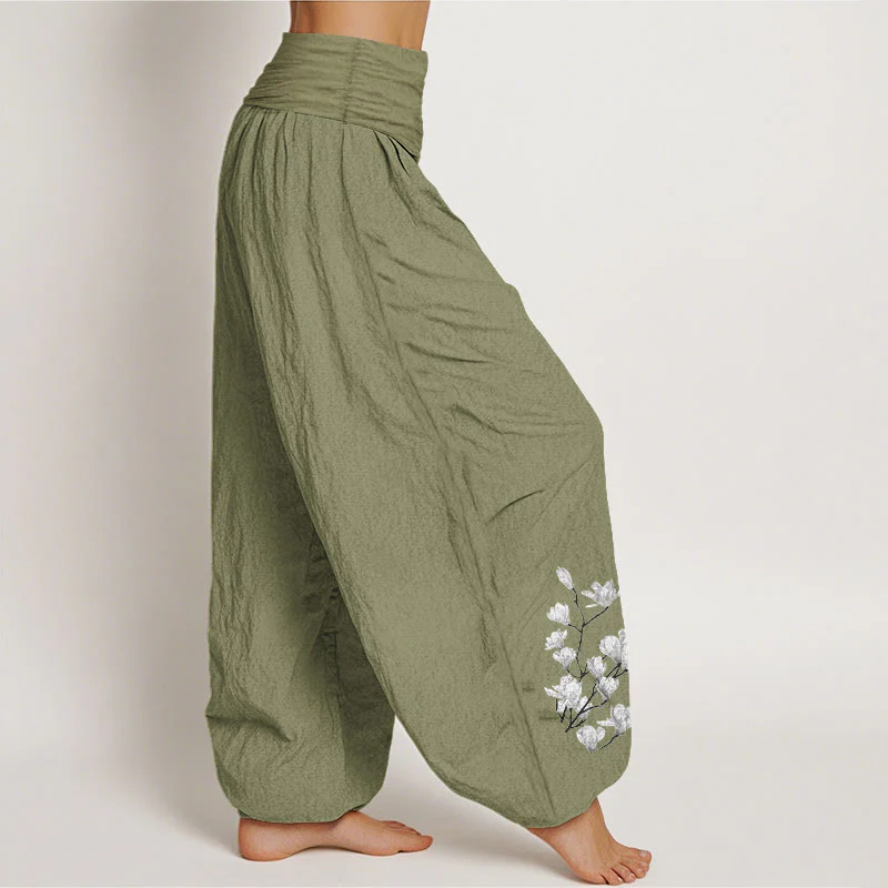 Buddha Stones Pantaloni harem da donna in puro cotone con elastico in vita e motivo floreale di magnolia, stile minimalista - Image 17
