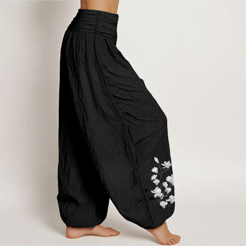 Buddha Stones Pantaloni harem da donna in puro cotone con elastico in vita e motivo floreale di magnolia, stile minimalista - Image 3