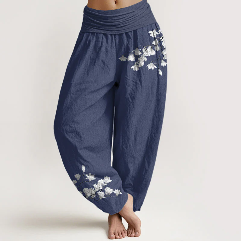 Buddha Stones Pantaloni harem da donna in puro cotone con elastico in vita e motivo floreale di magnolia, stile minimalista - Image 6