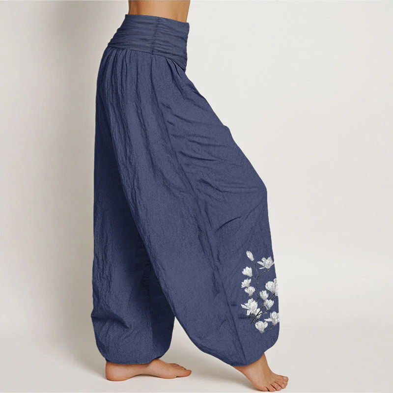 Buddha Stones Pantaloni harem da donna in puro cotone con elastico in vita e motivo floreale di magnolia, stile minimalista - Image 8