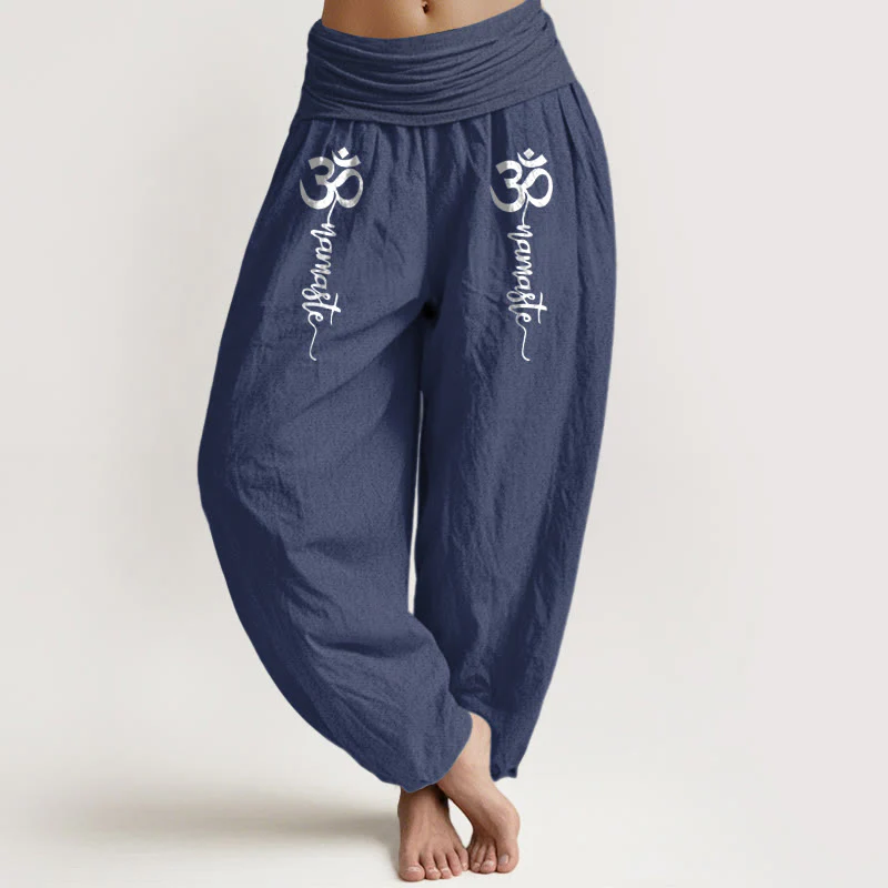 Buddha Stones Pantaloni harem da donna in puro cotone con elastico in vita e motivo Namaste Om