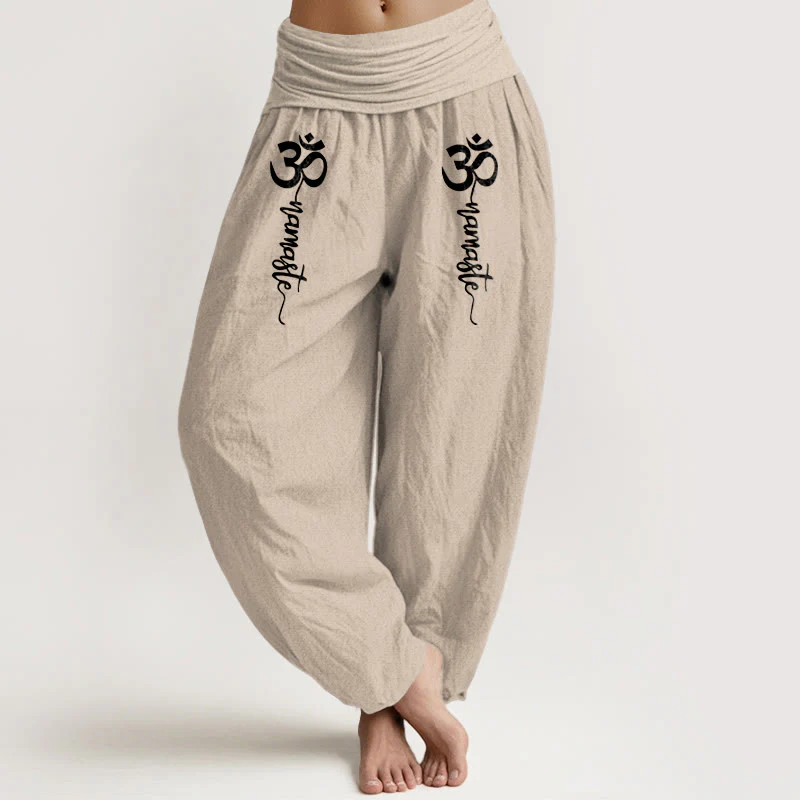 Buddha Stones Pantaloni harem da donna in puro cotone con elastico in vita e motivo Namaste Om - Image 15