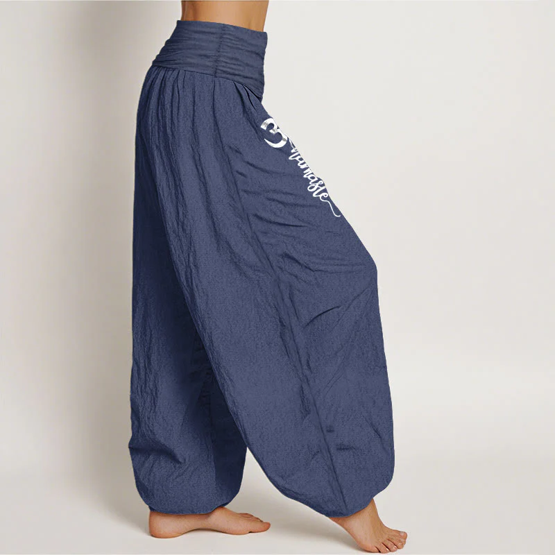 Buddha Stones Pantaloni harem da donna in puro cotone con elastico in vita e motivo Namaste Om - Image 3