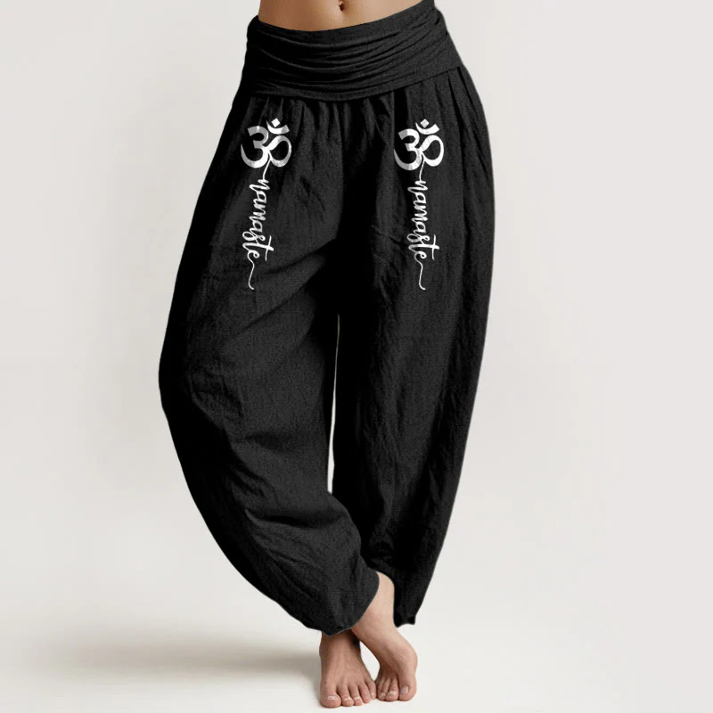 Buddha Stones Pantaloni harem da donna in puro cotone con elastico in vita e motivo Namaste Om - Image 6