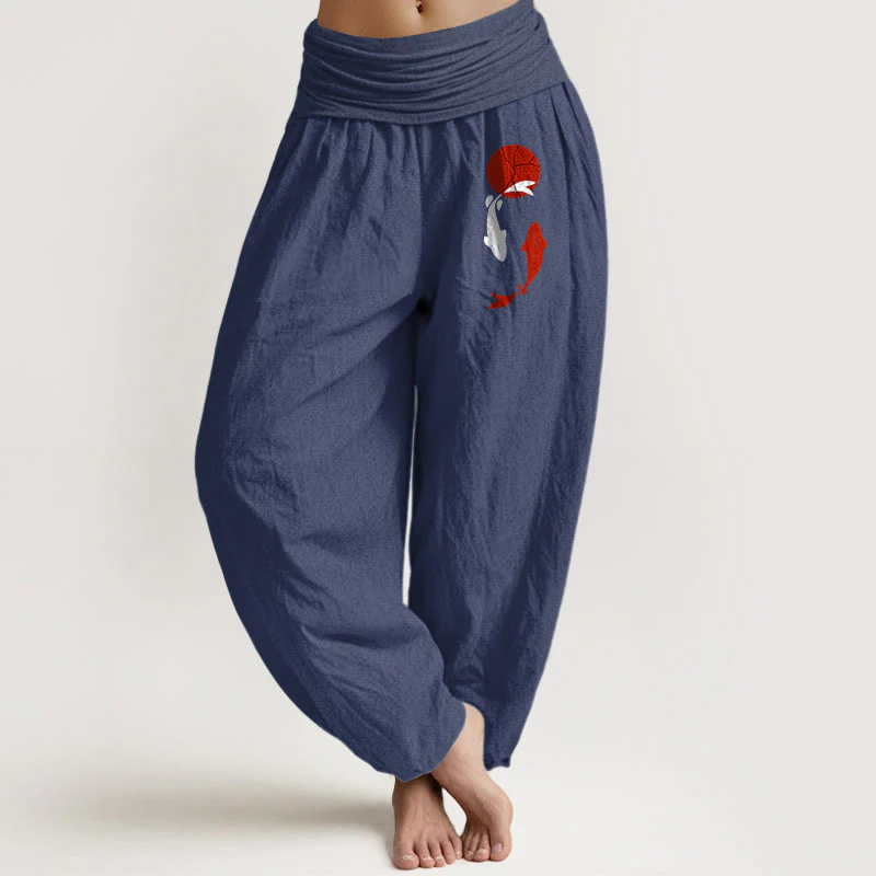 Buddha Stones Pantaloni harem da donna in puro cotone con elastico in vita e motivo sole rosso e pesce koi