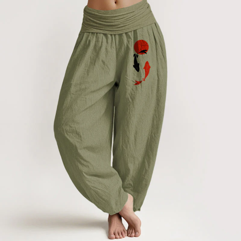 Buddha Stones Pantaloni harem da donna in puro cotone con elastico in vita e motivo sole rosso e pesce koi - Image 12